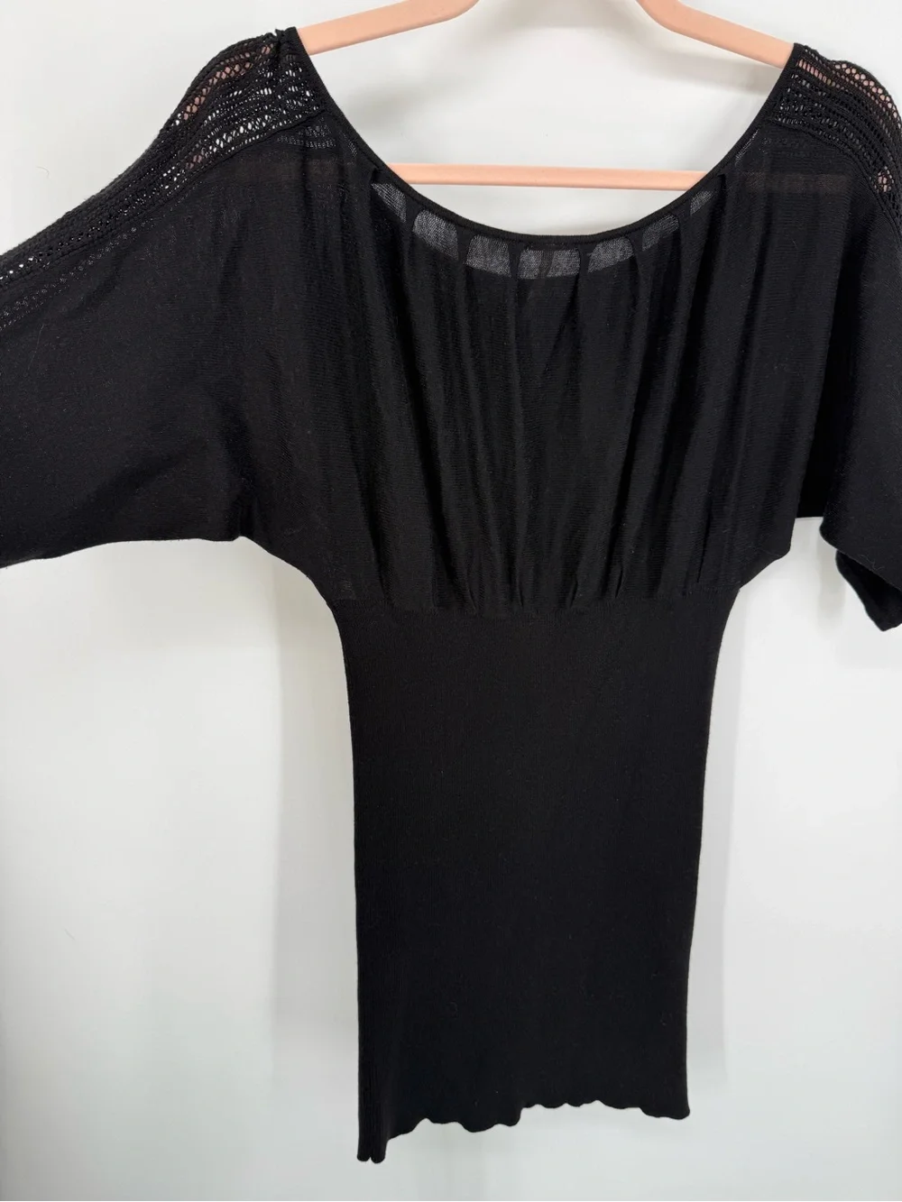 Free People Women Black Top‎ Small Crochet Sleeves Fitted Boho Goth Minimalist